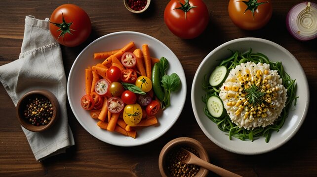 Healthy freshly prepared dishes with colorful vegetables and grains served top view