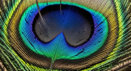 Intricate details of a peacock feather's eye, showcasing vibrant colors and textures, close up