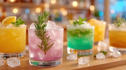 Vibrant Assorted Cocktails with Ice on Wooden Bar Top with Bokeh Background