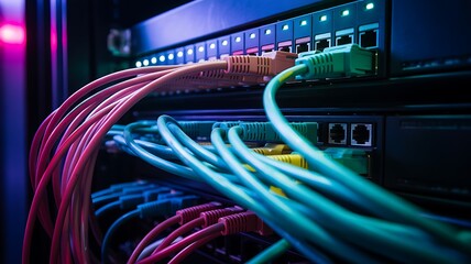Colorful network cables connected to server rack ethernet cables data center
