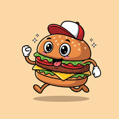 Animated Burger Character Running with a Red and White Baseball Cap.