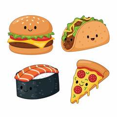 Cartoon Fast Food Collection Smiling Burger Taco Sushi and Pizza Slice.