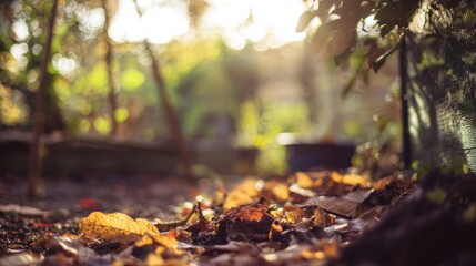 Obraz premium vegetation. Autumn garden bathed in warm sunlight with scattered golden leaves and peaceful ambiance. representing seasonal cycles and harvest abundance.