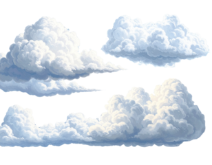 Variety Pack of Four White Clouds Different Sizes and Shapes, Isolated on Transparent Background PNG