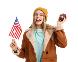 Teenage girl with USA flag and rugby ball on white background