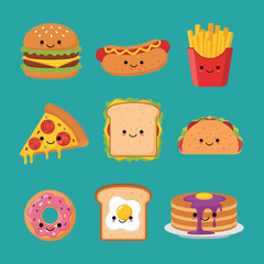 Cartoon Fast Food Icons Burger Hotdog Fries Pizza Sandwich Taco Donut Toast and Pancakes.