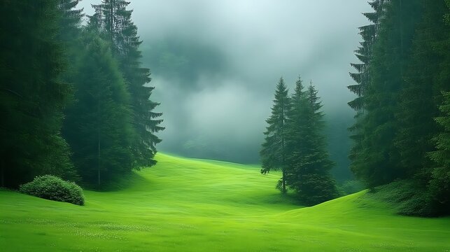 Misty, verdant valley with towering evergreens.  Rolling hills of vibrant green grass meet a hazy, misty sky.  Dense, dark green trees frame the scene