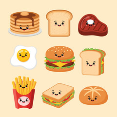 Cartoon Food Icons Smiling Pancakes Bread Steak Egg Burger Fries and Sandwiches.