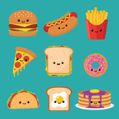Cartoon Food Icons Smiling Burger Hotdog Fries Pizza Sandwich Donut Taco Egg Toast and Pancakes.