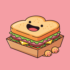 Cartoon Sandwich Character with Smiling Face and Paw Feet in a Box.