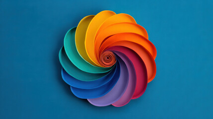 A vibrant spiral design composed of colorful paper cutouts against a blue background, showcasing a dynamic and artistic pattern.