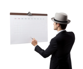 A man in a suit and hat points to a chart on a clipboard, isolated on transparent background
