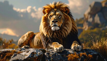 Majestic lion rests on rocky outcrop, gazing intently