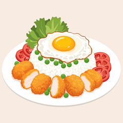 Chicken Katsu Rice Plate with Fried Egg Tomatoes Peas and Lettuce.