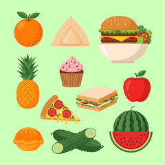 Colorful Food Assortment Fruits Vegetables and Savory Treats Illustration.