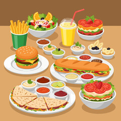 Diverse Culinary Delights Burger Salad Sandwich Quesadilla and TomatoStrawberry Stack.