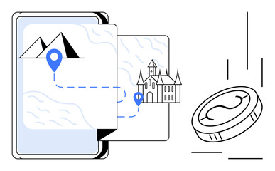 Fototapeta premium Smartphone map features markers guiding to landmarks with falling coin. Ideal for travel, tourism, navigation, apps, economy, destination, vacation depiction. Simple flat metaphor