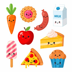 Playful Cartoon Food Icons Carrot Cookie Sausage Milk Apple Ice Cream Cake Pizza Muffin.