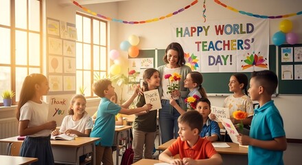 Vector illustration of a primary school class with a female teacher and students learning together, representing global education and gratitude