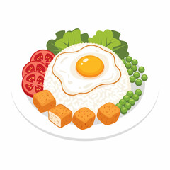 SunnySide Up Egg Over Rice with Tofu Cubes Peas Lettuce and Tomato Slices.