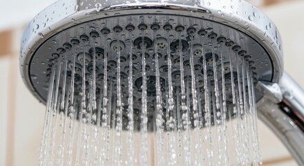 Close-up view of a refreshing shower head spewing water, creating an invigorating and rejuvenating