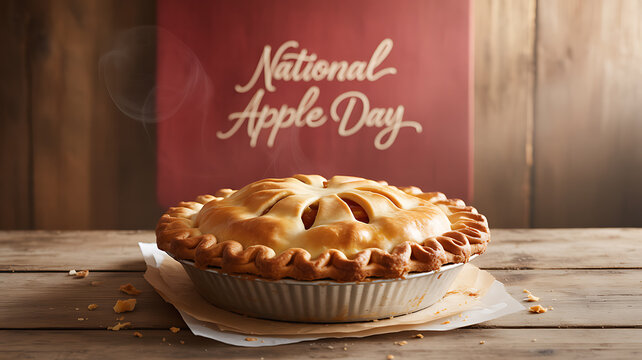 A freshly baked apple pie on a wooden table with a 'National Apple Day' sign in the background.