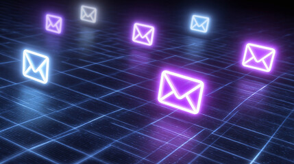 Neon Email Symbols on Futuristic Grid