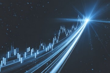 Abstract glowing blue light trails and financial stock market candlestick chart data visualization on a dark futuristic background representing growth and success