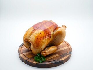 Deliciously roasted golden brown whole chicken presented on a wooden cutting board with fresh herbs