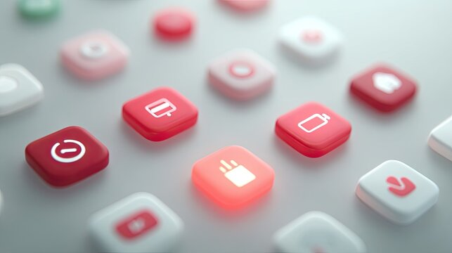 Abstract Red and White App Icons on Grey Background Cinematic Lighting HDR UI Concept