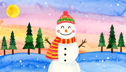 Watercolor snowman scene with sunset