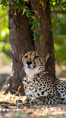 Resting cheetah under tree shade