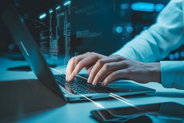Close up of a person s hands typing on a laptop keyboard with glowing digital data streams and futuristic blue lighting creating a high tech and modern technology atmosphere
