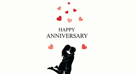Romantic Anniversary Illustration Featuring Embracing Couple Silhouette and Heart Confetti for Greeting Cards and Celebration Announcements.