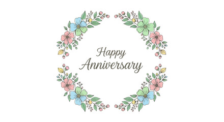 Elegant Floral Wreath Design with Happy Anniversary Text for Greeting Cards and Celebration Invitations, Suitable for Anniversary Card Design and Stock Illustration.