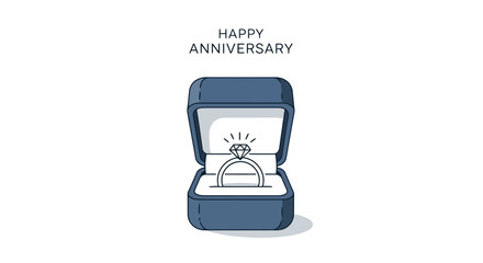 Minimalist Illustration of a Diamond Ring in a Blue Box for Anniversary Celebration, perfect for greeting cards, social media posts, and romantic event announcements.