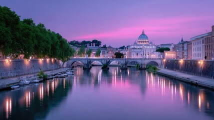 Vatican City Skyline Reflecting on Tiber River at Dusk with Purple Sky Rome Italy