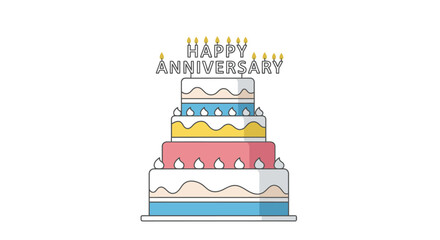Animated Anniversary Cake Illustration Featuring Festive Layers and Candles, Perfect for Celebration Greetings and Milestone Announcements