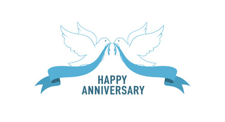 Elegant Anniversary Celebration Graphic Featuring Two Doves and a Blue Ribbon, Ideal for Greeting Cards, Invitations, and Commemorative Design Projects