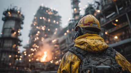 A worker in safety gear amidst an industrial backdrop fire.