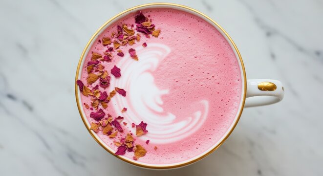 Pink rose latte in white cup on marble surface