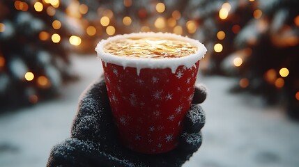 Hand holding a red cup of warm drink in snowy winter scene