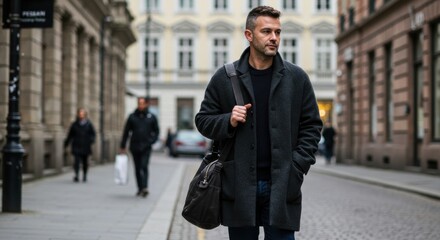 Obraz premium Urban walk stylish man in city street lifestyle urban environment candid shot