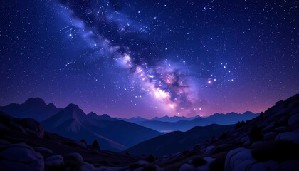 Naklejka premium Majestic night sky filled with stars, galaxy, nebula, mountains