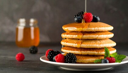 Stack of pancakes with honey and berries