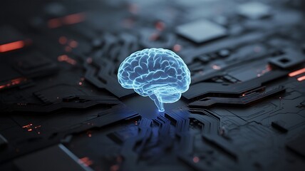 Glowing blue brain on dark circuit board with red lights artificial intelligence technology