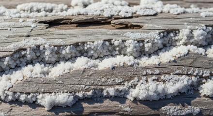 Delicate crystalline formations juxtaposed against the aged and weathered wood surface creating an