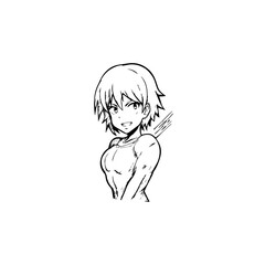 Black and white hot anime character line art illustration, stylish minimal outline drawing in clean style