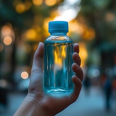 Hand holding a small, clear glass bottle with a light blue cap.  The bottle contains a light blue liquid,  and is held against an out-of-focus background of blurred city lights and trees