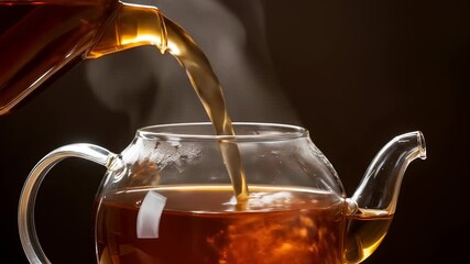 Pouring aromatic tea into a glass teapot with rising steam for refreshment - Powered by Adobe